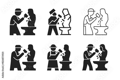 Sculptor Logo Variations. Sculptor working on a stone statue. Icon set. Set Logo of sculptor working on a stone statue: workshop anvil. harmonious logo