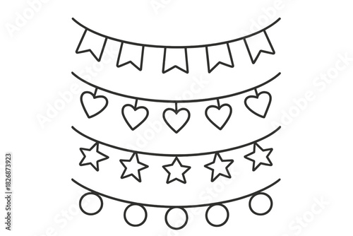Minimalist black outline hanging party garlands featuring pennants, hearts, stars, and circles