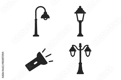 Four black silhouette icons of street lamps, lantern, and handheld flashlight