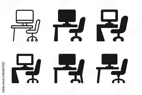 Home Office Icons. redesigning a home office space. Icon set. Set Logo of redesigning a home office space: desk with computer and chair. harmonious logo