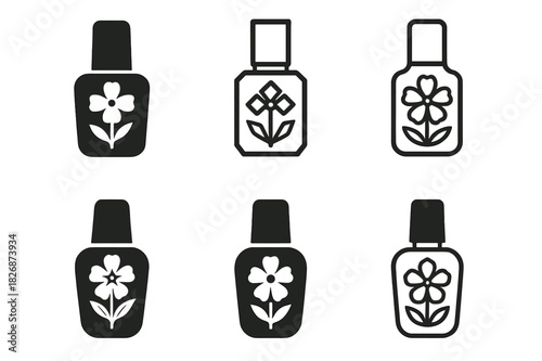 Pressed Flowers Manicure. pressed flowers manicure. Icon set. Set Logo of pressed flowers manicure: nail polish bottle with petals. harmonious logo variations