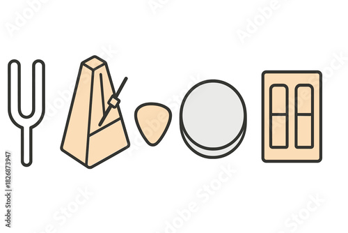 Musical accessories and rhythm tools set including metronome, tuning fork, and guitar pick