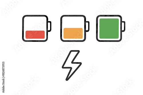 Battery charge level indicators showing low, medium, and full power status with a lightning bolt symbol
