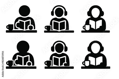 Self-Help Reading Iconography. A person reading a self-help book at a cafe or library. Icon set. Set Logo of A person reading a self-help book at a cafe or