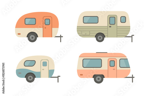 Four colorful vintage travel trailers and recreational vehicles set on white background
