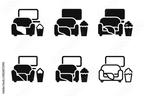 Cozy Viewing Icons. Watching Your Favorite TV Show or Movie with Popcorn. Icon set. Set Logo of comfort zone: TV screen, blanket, and popcorn. harmonious logo