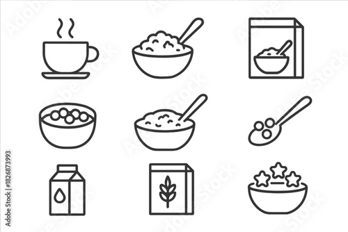 Outline icons set of various breakfast foods including cereal, oatmeal, milk, and hot drink