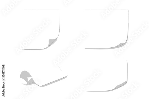 Blank white paper elements with curled page corners and a rolled sheet design