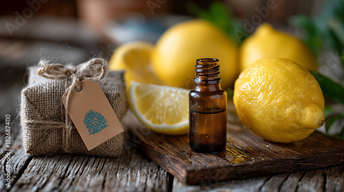 Close-up artistic composition of sliced and whole lemons glistening with juice, next to a vintage essential oil bottle wrapped with twine and a kraft-paper tag, resting on aged woo