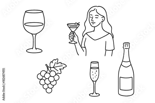 Alcoholic drinks set featuring wine, champagne, cocktail, and a woman celebrating