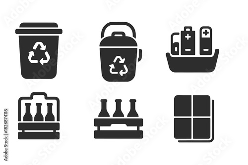 Six monochromatic symbols for waste sorting and recycling containers including batteries, bottles, and paper