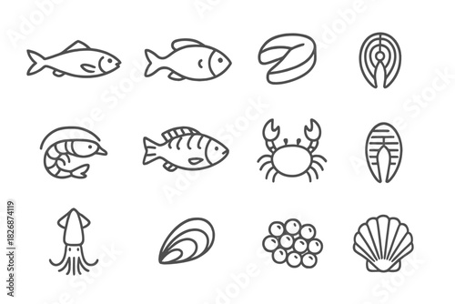 Outline icons of various seafood and fish products like crab, shrimp, salmon, and caviar