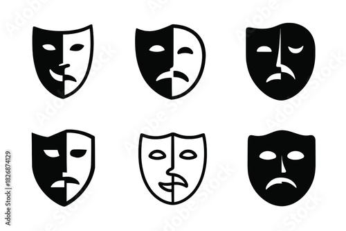 Journalism Ethics Icons. Journalism ethics and bias. Icon set. Set Logo of journalism ethics and bias: half-mask of truth and half-mask of distortion forming a