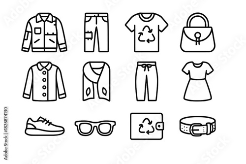 Upcycled Fashion Icons. Upcycled fashion. Line icon set of Upcycled fashion: patchwork jacket, repurposed jeans, recycled t-shirt, upcycled bag, wooden button