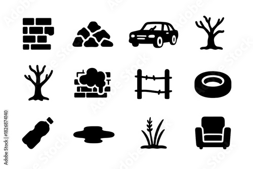 Ruined Urban Icons. Ruined ground. Solid icon set of Ruined ground: broken wall, rubble, abandoned car, trash pile, dead tree, graffiti, rusted fence, tire,