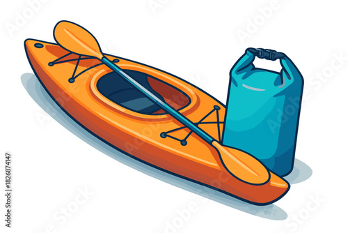 Bright orange kayak and paddle next to a blue waterproof dry bag for outdoor recreation