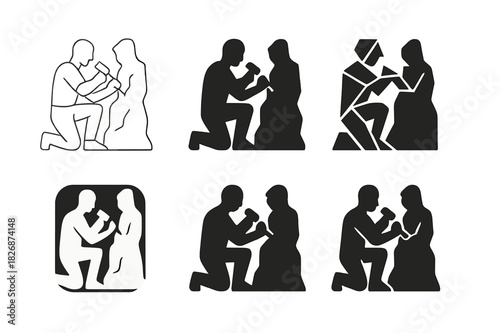 Sculptor Icon Set. Sculptor working on a stone statue. Icon set. Set Logo of sculptor working on a stone statue: sculptor with chisel. harmonious