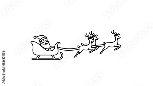 Vector illustration of Santa Claus with reindeer pulling his sleigh, symbolizing Christmas and holiday season joy and festivities