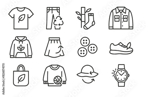 Sustainable Fashion Icons. Sustainable clothing. Line icon set of Sustainable clothing: organic t-shirt, recycled jeans, bamboo socks, hemp jacket, plant-dyed