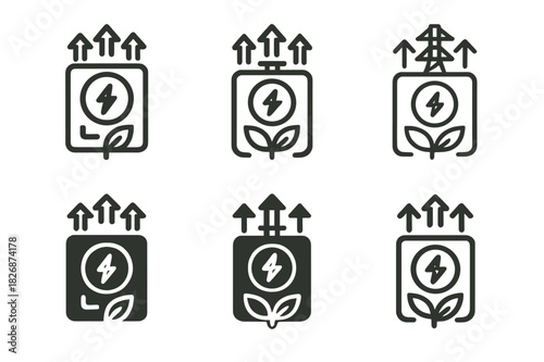 Renewable Energy Logos. renewable energy credits. Icon set. Set Logo of renewable energy credits: smart meter exporting to grid. harmonious logo variations of