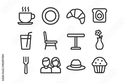 Brunch Icon Collection. Weekend brunch. Line icon set of weekend brunch: coffee cup, plate, croissant, avocado toast, juice glass, chair, table, fork, flower