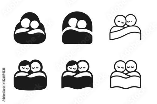 Cozy Emblem Variations. Snuggling under the covers. Icon set. Set Logo of snuggling under the covers: cozy bedtime mood. harmonious logo variations of the same