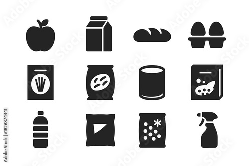Grocery Icon Set. Grocery items. Solid icon set of Grocery items: apple, milk carton, bread loaf, eggs, pasta box, rice bag, canned food, cereal box, bottled
