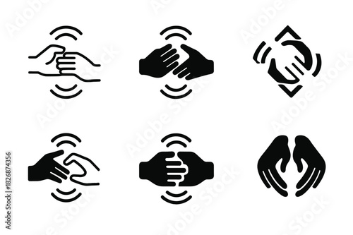 Haptic Communication Logos. Haptic communication. Icon set. Set Logo of haptic interaction: two hands touching with signal waves. harmonious logo variations of