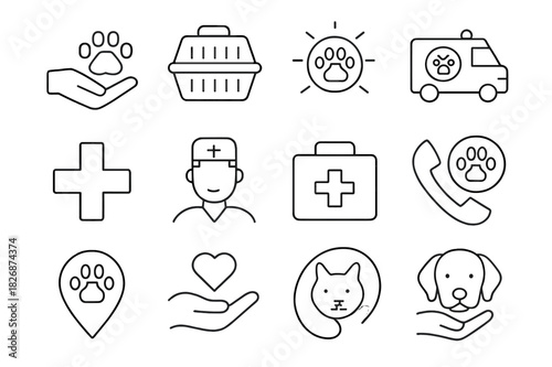 Animal Rescue Icons. Animal rescue. Line icon set of animal rescue: rescue hand, animal carrier, emergency paw, rescue truck, medical cross, vet icon, first