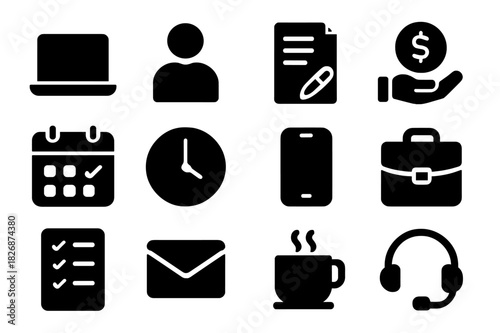 Gig Work Icons. Gig work. Solid icon set of Gig work: laptop, freelancer, contract, payment, calendar, clock, smartphone, briefcase, checklist, email, coffee