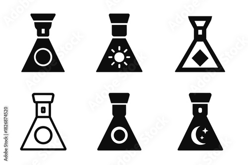 Shadows and Light Icons. Shadows and light. Icon set. Set Logo of Shadows and light: flashlight beam revealing object. harmonious logo variations of the same