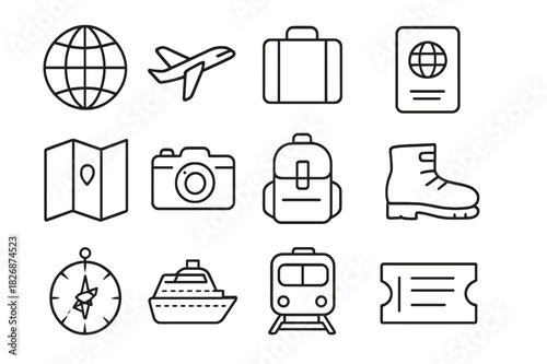Global Travel Icons. Global Exploration. Line icon set of Global Exploration: globe, airplane, suitcase, passport, map, camera, backpack, hiking boots,