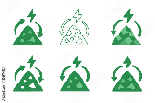 Waste-to-Energy Icons. renewable energy generation from waste. Icon set. Set Logo of renewable energy generation from waste: landfill with energy arrows.