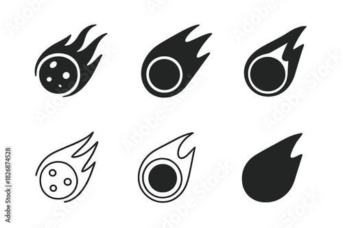 Meteorite Logo Variations. Meteorite. Icon set. Set Logo of Meteorite: Atmospheric entry. harmonious logo variations of the same emblematic concept (Stylized
