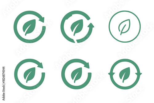 Regeneration Logo Set. regeneration. Icon set. Set Logo of regeneration: circular arrows around leaf. harmonious logo variations of the same emblematic