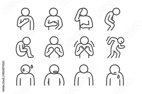 Agony Gesture Icons. Agony gestures. Line icon set of Agony gestures: hand on chest, hand on stomach, hand on head, bent-over figure, curled-up posture,