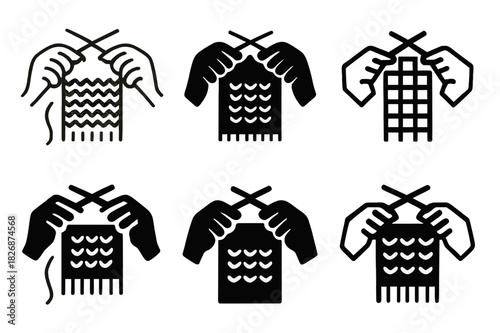Knitting Logo Variations. Knitting a scarf. Icon set. Set Logo of knitting a scarf: hands holding knitting needles with yarn forming fabric. harmonious logo