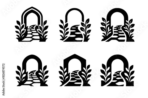 Garden Path Logo Variations. Decorative stone paths through a garden with plants on both sides. Icon set. Set Logo of Decorative stone paths through a garden