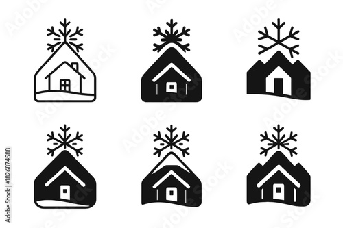 Winter Ski Lodge Logos. Winter ski lodge or chalet celebration. Icon set. Set Logo of winter ski lodge or chalet celebration: mountain cabin with snowflakes.