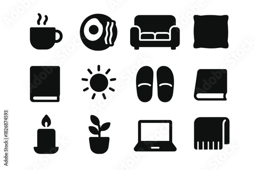 Weekend Morning Icons. Weekend morning. Solid icon set of Weekend morning: coffee cup, breakfast plate, sofa, pillow, book, sun, slippers, candle, plant,