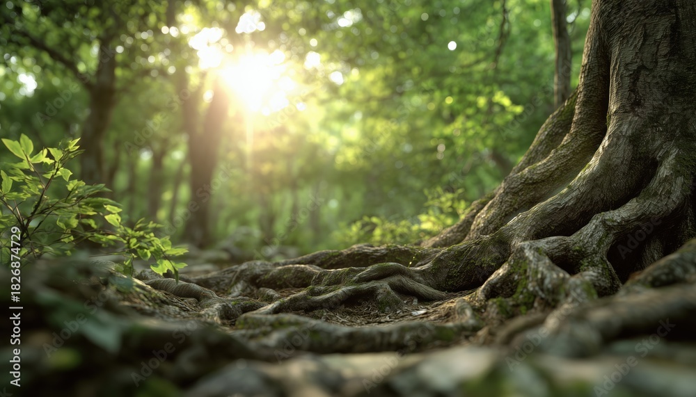 Fototapeta premium Lush Forest: Sunlight Filtered Through Canopy Illuminating Tree Roots And Verdant Foliage In A Vibrant Green Forest Environment.