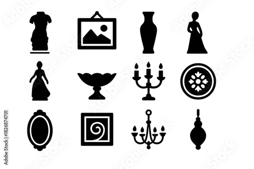 Elegant Decor Icons. Elegant decor. Solid icon set of Elegant decor: sculpture, painting, vase, figurine, decorative bowl, candleholder, art piece, wall art,