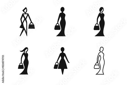 Luxury Fashion Icons. Fashion & Luxury. Icon set. Set Logo of designer muse: fashion figure with luxury bag. harmonious logo variations of the same emblematic