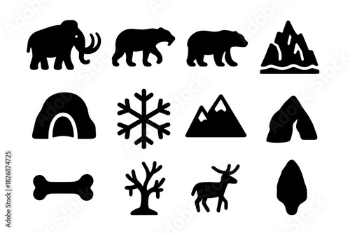 Ice Age Icons. Ice age. Solid icon set of ice age: mammoth, saber tooth, polar bear, glacier, cave, rock, snowflake, mountain, bone, frozen tree,