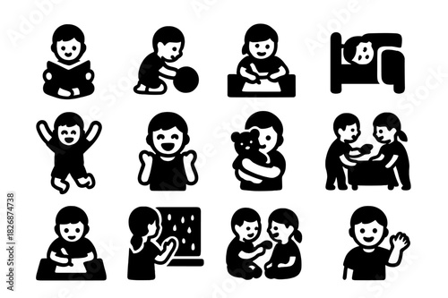 Daily Life Icons. Capturing Daily Life. Solid icon set of Capturing Daily Life: child reading, playing, drawing, sleeping, jumping, laughing, cuddling toy,