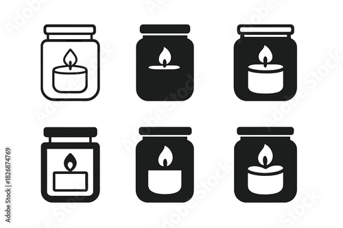 Candle Logo Variations. candle. Icon set. Set Logo of candle: aromatic candle jar. harmonious logo variations of the same emblematic concept, each with
