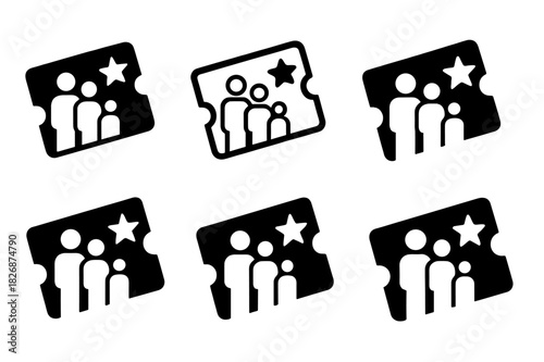 Family Movie Marathon Icons. Organizing a family movie marathon. Icon set. Set Logo of Organizing a family movie marathon: ticket stubs with star. harmonious
