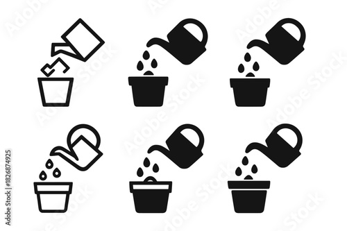 Seed Planting Logos. Planting seeds in pots. Icon set. Set Logo of Planting seeds in pots: watering can arcing droplets over pot. harmonious logo variations of