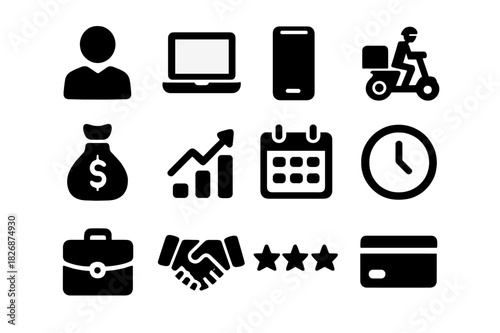 Gig Economy Icons. Gig economy growth. Solid icon set of gig economy growth: freelancer, laptop, smartphone, delivery bike, money bag, growth chart, calendar,