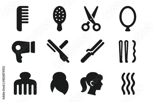 Classic Hairstyle Icons. Classic hairstyle. Solid icon set of Classic hairstyle: comb, hairbrush, scissors, mirror, hair dryer, straightener, curling iron,